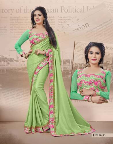 Pista Green Plain Saree With Embroidered Blouse by Madhuvan Fashion Corner