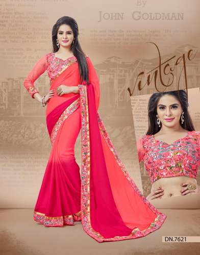 Plain Pink Shaded Saree With Printed Lace