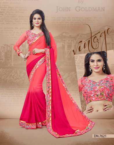 Plain Pink Shaded Saree With Printed Lace by Madhuvan Fashion Corner