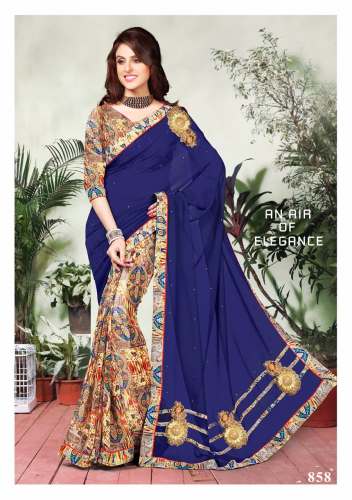 Trendy Blue Pallu With Half Printed Saree  by Madhuvan Fashion Corner