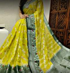 New Collection Yellow Printed Saree For Ladies