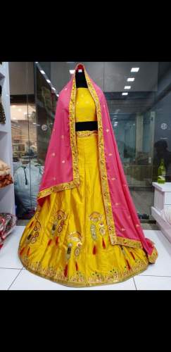 New Arrival Yellow Lehenga With Pink Chunni