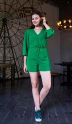 Plain Green Front Knot Design Short Jumpsuit
