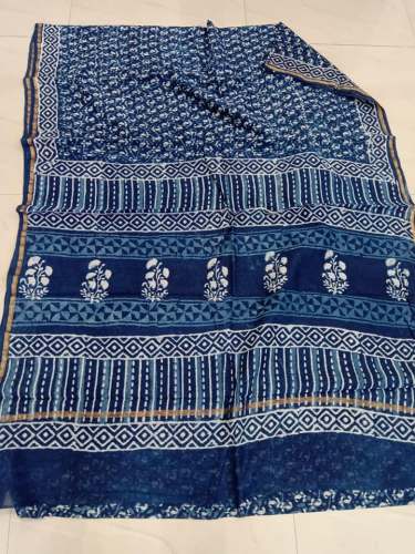 Indigo Blue Block Print Cotton Saree  by Shubham Saree Creation