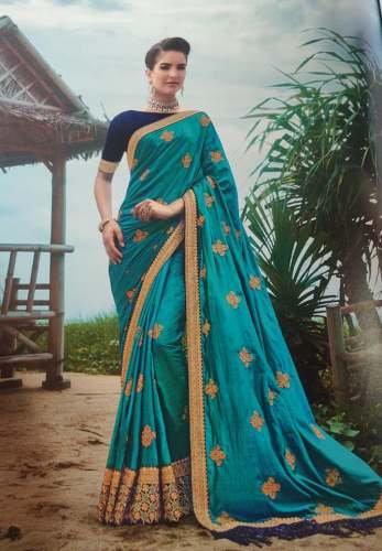 Turquoise Paper Silk Embroidered Saree by Shubham Saree Creation