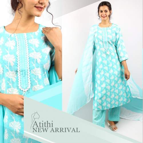 Sky Blue Pure Muslin kurti Dupatta Set With Pants