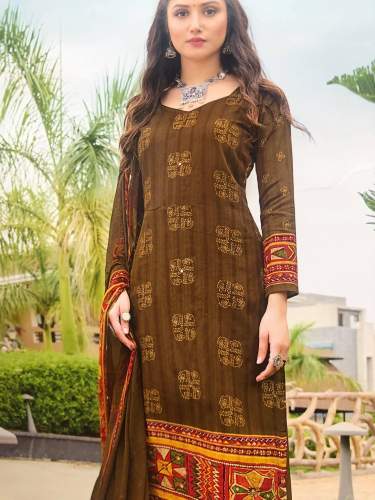 Brown Printed Dress Material by The Trendz