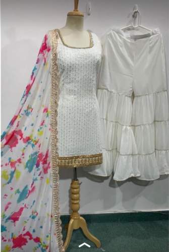 Latest White Sharara Suit With Print Dupatta by Handa Silk Store