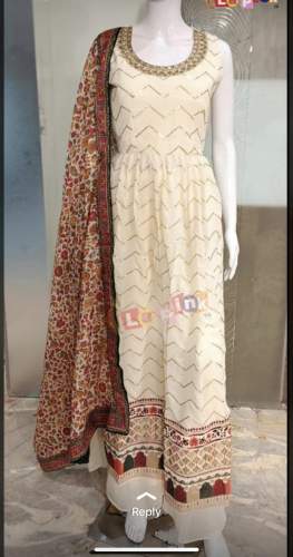 White Cotton Gown Kurti With Printed Dupatta  by Handa Silk Store