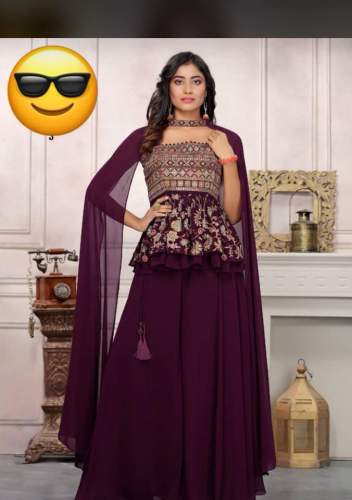 Wine Embroidered Crop Top Lehenga  by Handa Silk Store