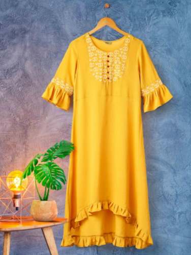 New Collection Yellow Long Flared Kurti  by Vismay Trichy