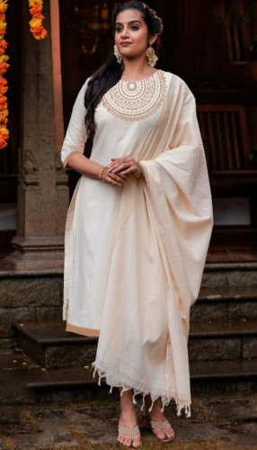 New Off White Kurti Pant Dupatta Set For Ladies by Vismay Trichy