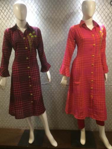 Long Sleeve Red Chex Kurti For Ladies by The Selfie Boutique