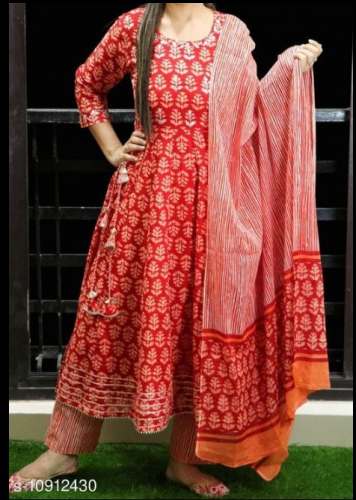 Red Anarkali Kurti Pant Dupatta Set For Women by The Selfie Boutique