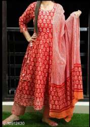 Red Anarkali Kurti Pant Dupatta Set For Women