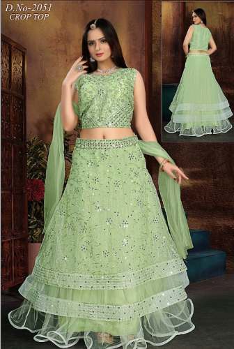 Pista Green Embroidered Crop Top Lehenga  by Sundari Sarees