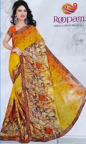 Casual Wear Yellow Printed Saree  by Aditi Garments