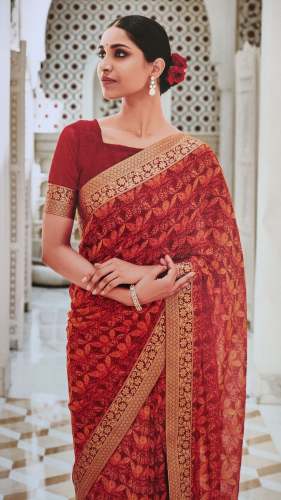 Festive Wear Red Printed Saree With lace Border by Tanishka Saree