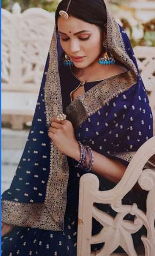 Wedding Wear Blue Saree With Golden Lace by Tanishka Saree