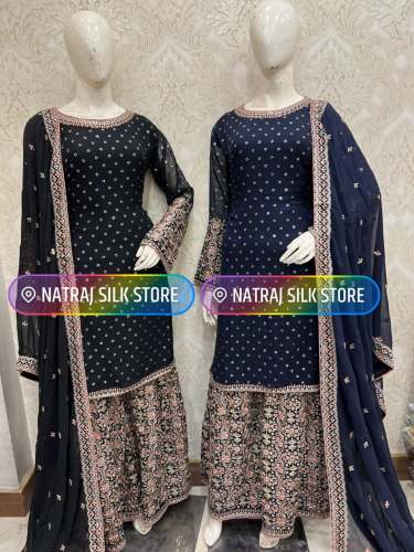 Dark Blue Embroidered Sharara Suit 