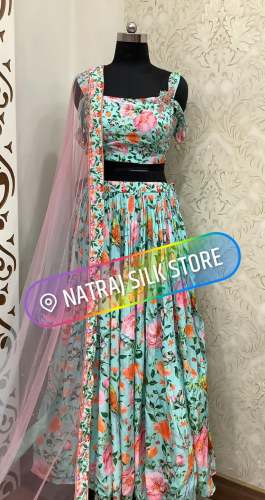 Turquoise Printed Silk Lehenga Choli