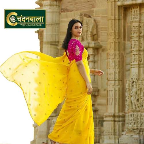 Elegant Yellow Saree With Pink Blouse by Chandanbala wholesale bazar