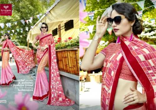 New Pink Chiffon Printed Catalog Saree by SMK Womanica