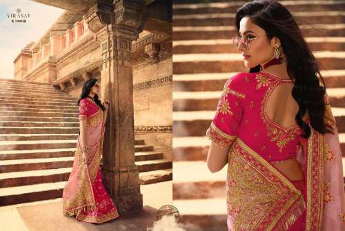 Heavy Embroidered Pink Wedding Wear Saree by Manglam Sarees