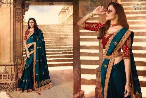 Rama Green Embroidered Stylish Saree by Manglam Sarees