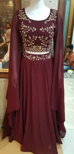 New Georgette Marron Embroidery Crop Top Lehenga by Posh Boutique