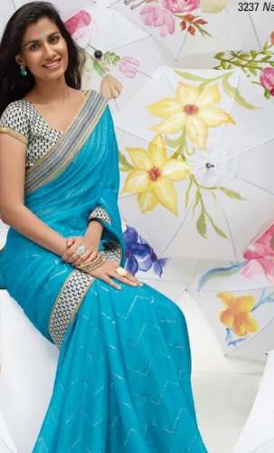 Fancy Plain Sky Blue Lace Border Saree by D J Fashions