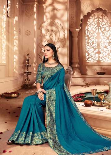 Rama Green Plain Saree with Printed Blouse by Raja Emporium