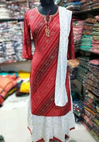 Red Bandhani Kurti With Palazzo and Dupatta Set by Viswati Fashion Trade india 