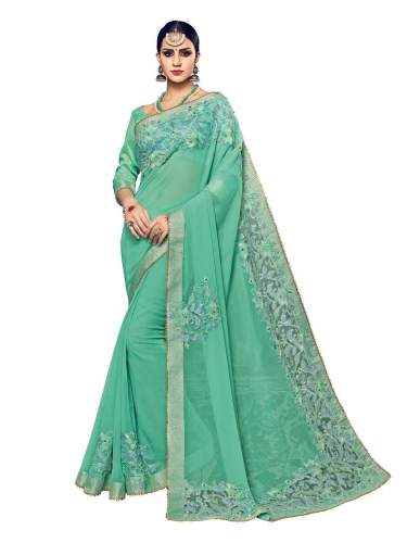 Ethnic Wear Turquoise Green Embroidered Saree by Shri Radha Rani Sarees