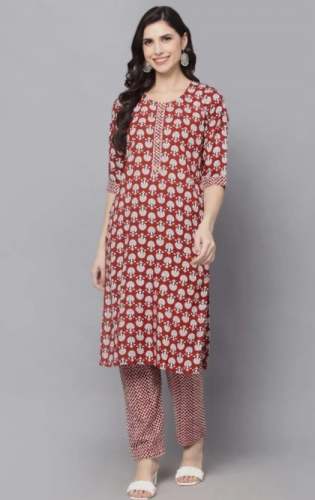 Red Cotton printed Jaipuri Kurti Pant Set by Aarohi Creation