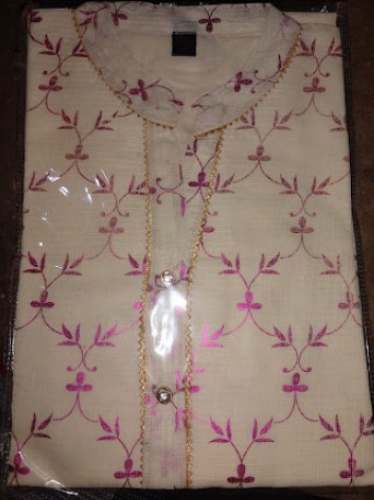 Regular Wear Stand Collar Cream Kurti  by Aarohi Creation