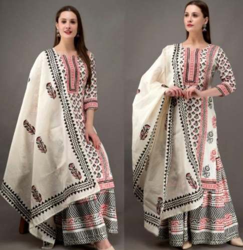 Latest Cream Jaipuri Cotton Palazzo Suit by Kalakriti