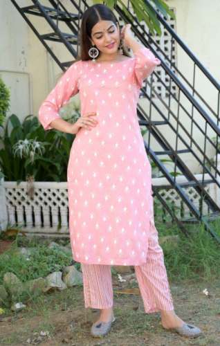 Light Pink Cotton Kurti Pant Set  by Kalakriti
