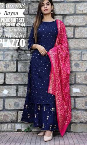 Royal Blue Rayon Kurti Palazzo Set by Kalakriti