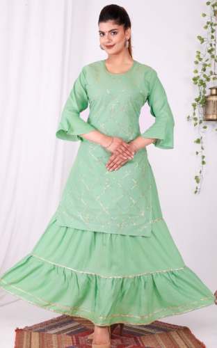 Pista Embroidered Kurti With Sharara Pant