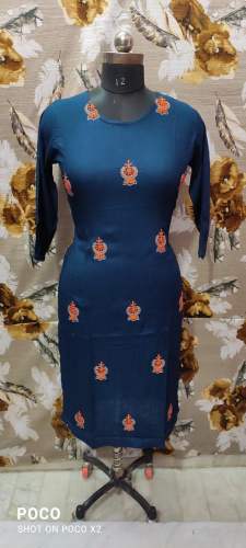 Blue Round Neck Casual Straight Kurti