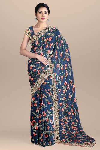 Blue Flowery Printed Saree With Work Lace by Ashraf Saree Centre