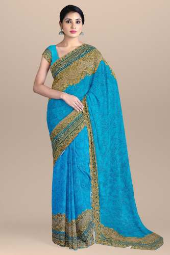 Fancy Sky Blue Embroidered saree by Ashraf Saree Centre