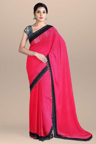Regular Wear Pink Plain Saree With Black Border by Ashraf Saree Centre