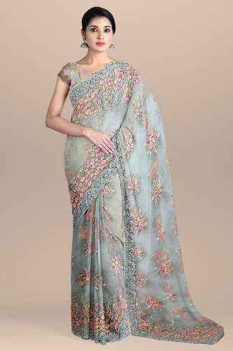 Trendy Grey Organza Embroidered Saree by Ashraf Saree Centre