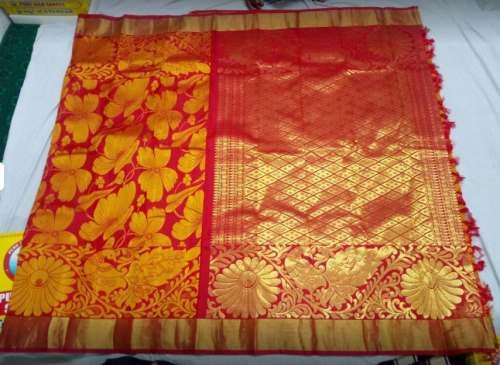 Red and Golden Pure Silk Saree by Swarna Silk House