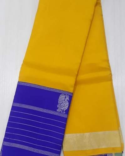 Trendy Yellow and Blue Pure Silk Saree
