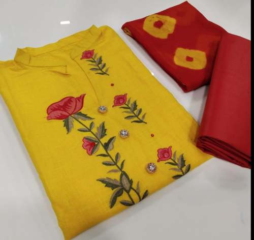 Yellow Dress Material with Red Dupata by Rustic Fashions