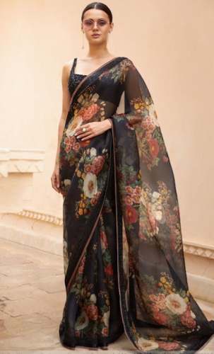 Black Printed Organza Saree For Women by Jay Textile