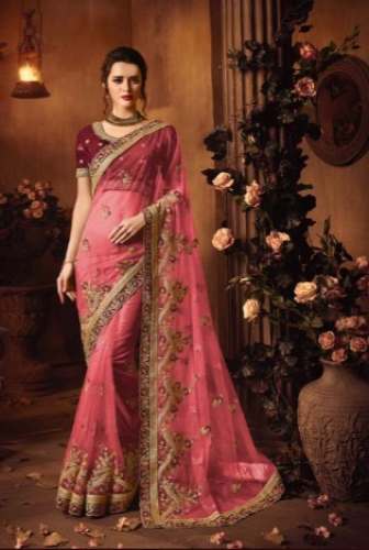 New Pink Embroidery Saree For Ladies by Mayur Family Shop